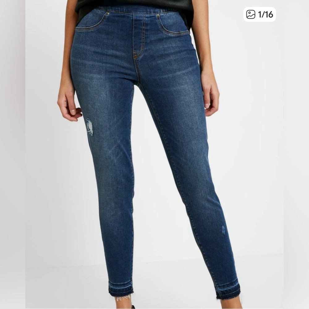 SPANX Pull On XL Distressed Skinny Blue Jeans Tummy Control